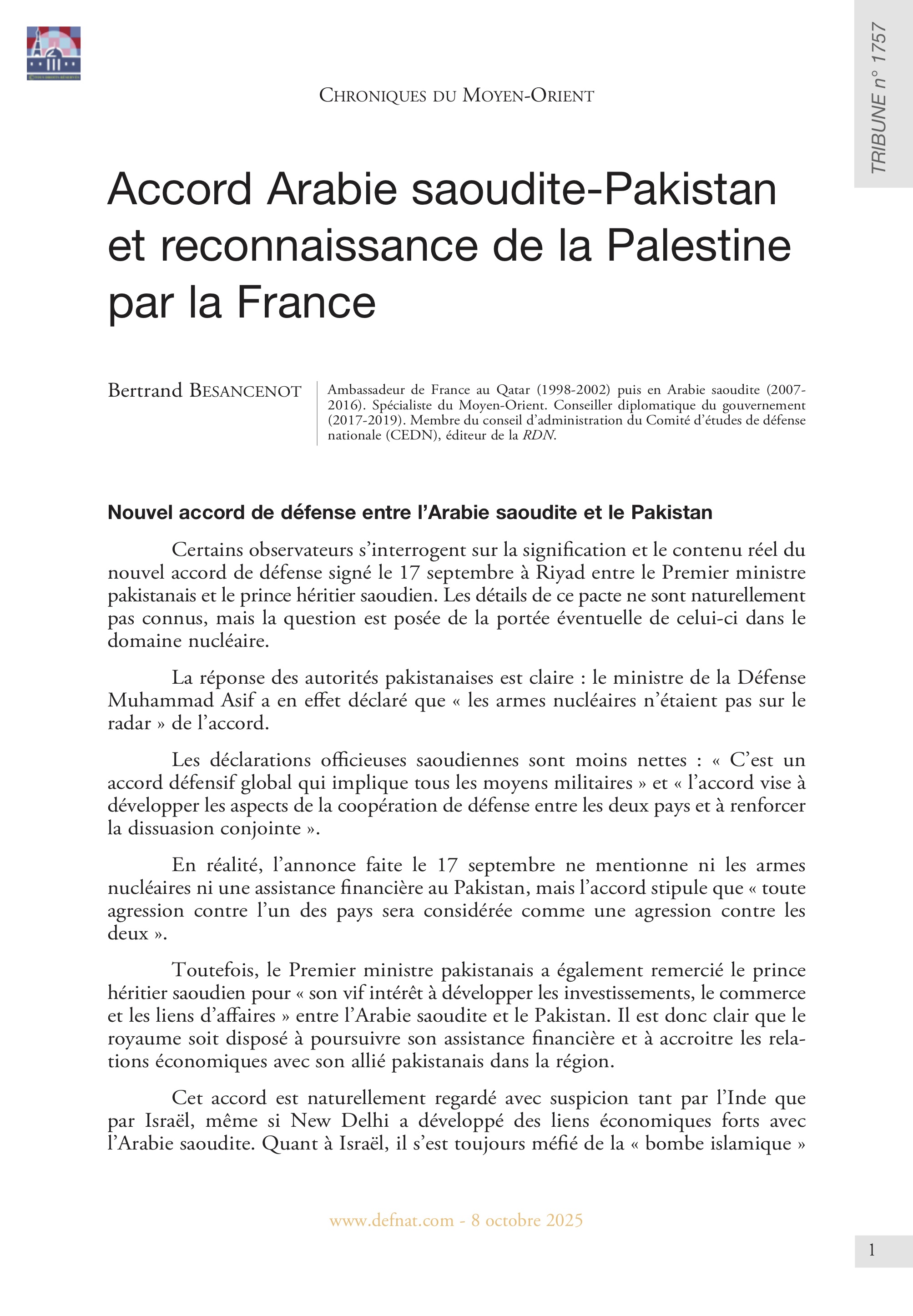 Chroniques du Moyen-Orient – Accord Arabie saoudite-Pakistan et reconnaissance de la Palestine par la France (T 1757)
